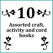 Stack of ten assorted vintage macramé and crafting instruction books on a white surface
