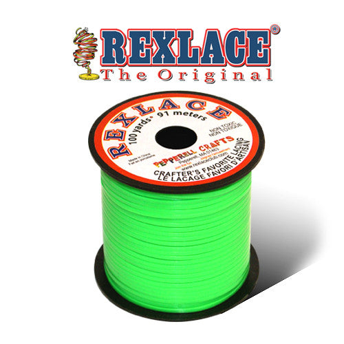 Spool of Rexlace flat PVC lacing in kelly green on a white background — 100-yard craft cord spool.